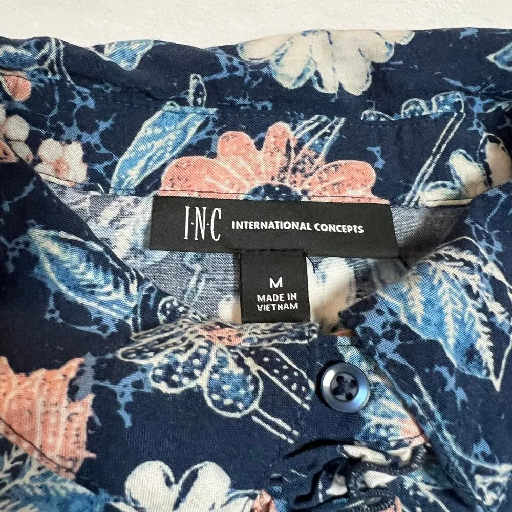 INC International Concepts Floral Print Button Up w/ Waist Tie Size Med Preppy Blue - Image 5