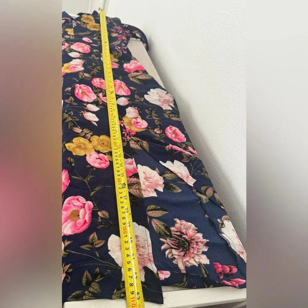 Eliza J Navy Floral Midi Dress 3/4 Ruched Sleeves V Neck Split Front Size 2 - Image 5