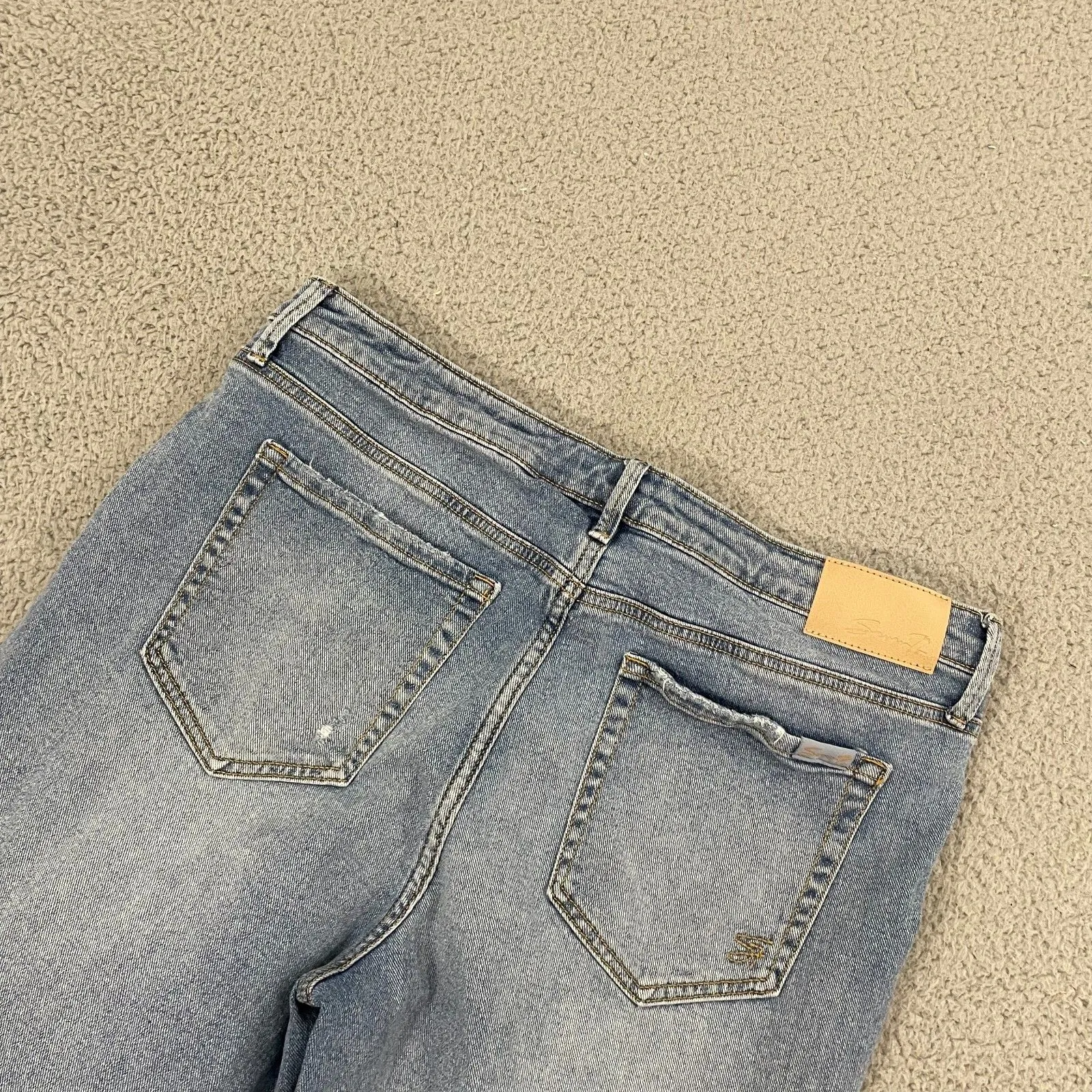 Seven7 Slim Flare Jeans Women 14 Medium Wash Enchanted Distressed Raw Hem - Image 5