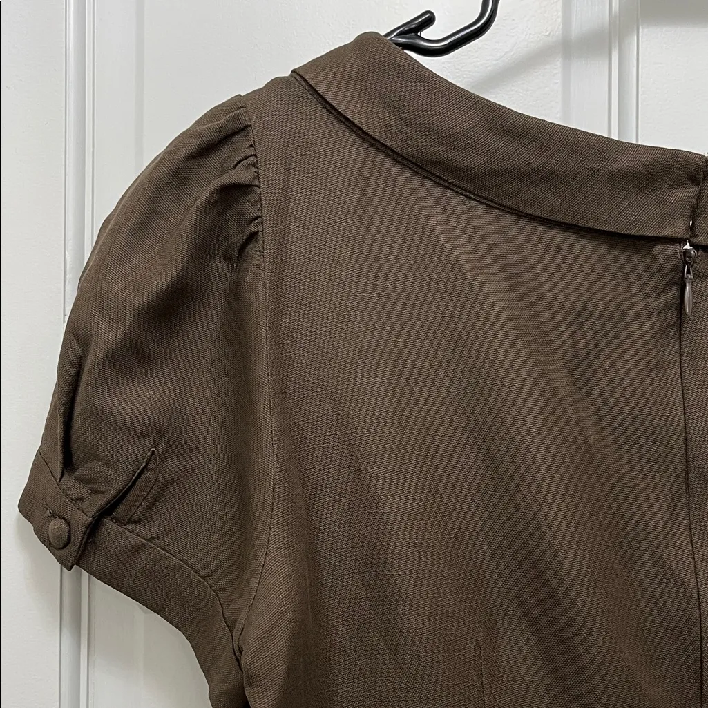 Chocolate Brown Linen Silk Blend Puff Sleeve Mini Dress - Image 12