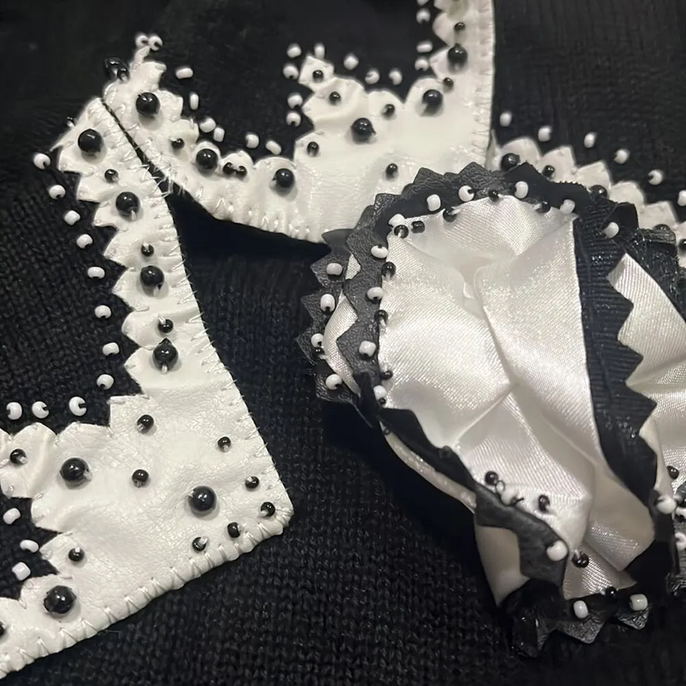 Cardigan Sweater Black Knit Beaded Vegan Leather Trim LG Satin Boutonniere NwoT - Image 15