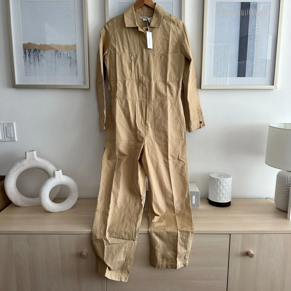 NEW OuterKnown Jumpsuit Womens Small Utility Coveralls Cargo Linen Cotton Tan - Image 3