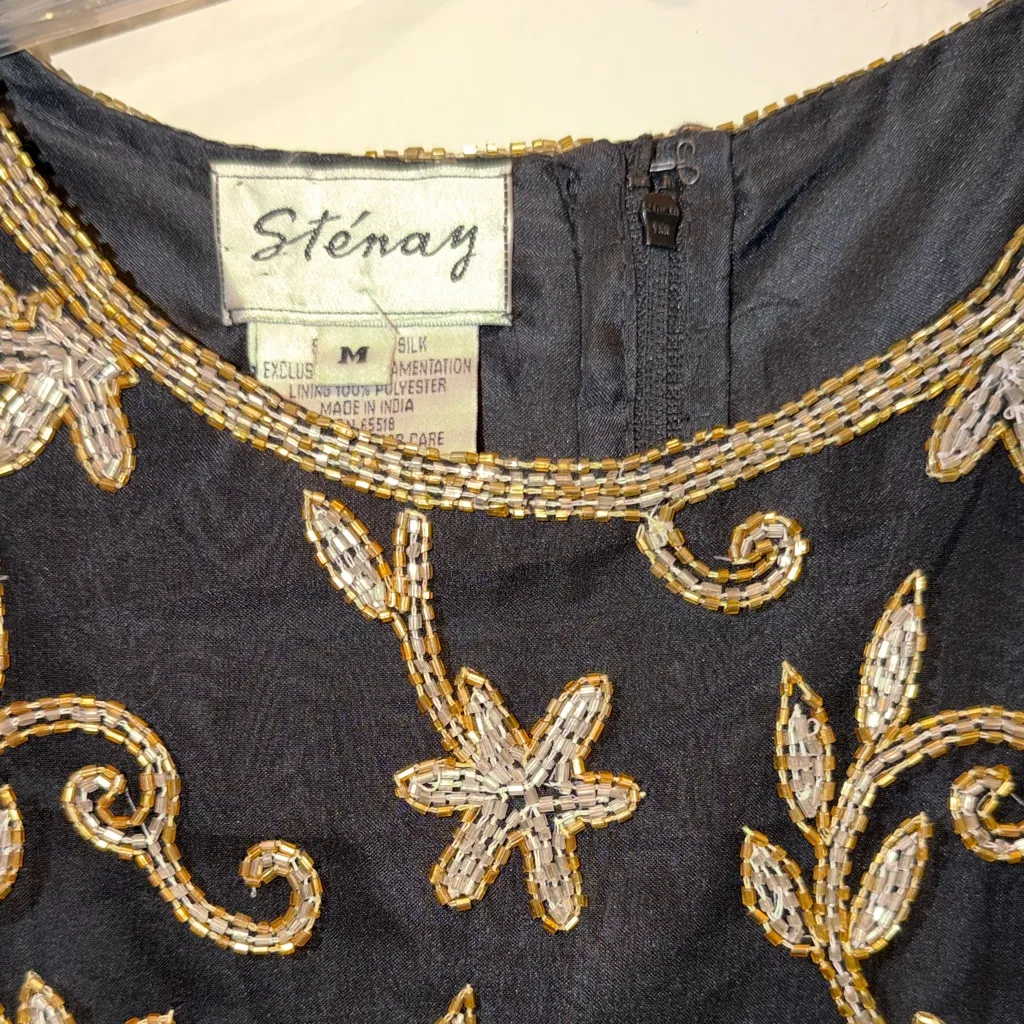 Vintage Stenay Black Silk Top with Gold Floral Beaded Embroidery 100% silk Size M - Image 2