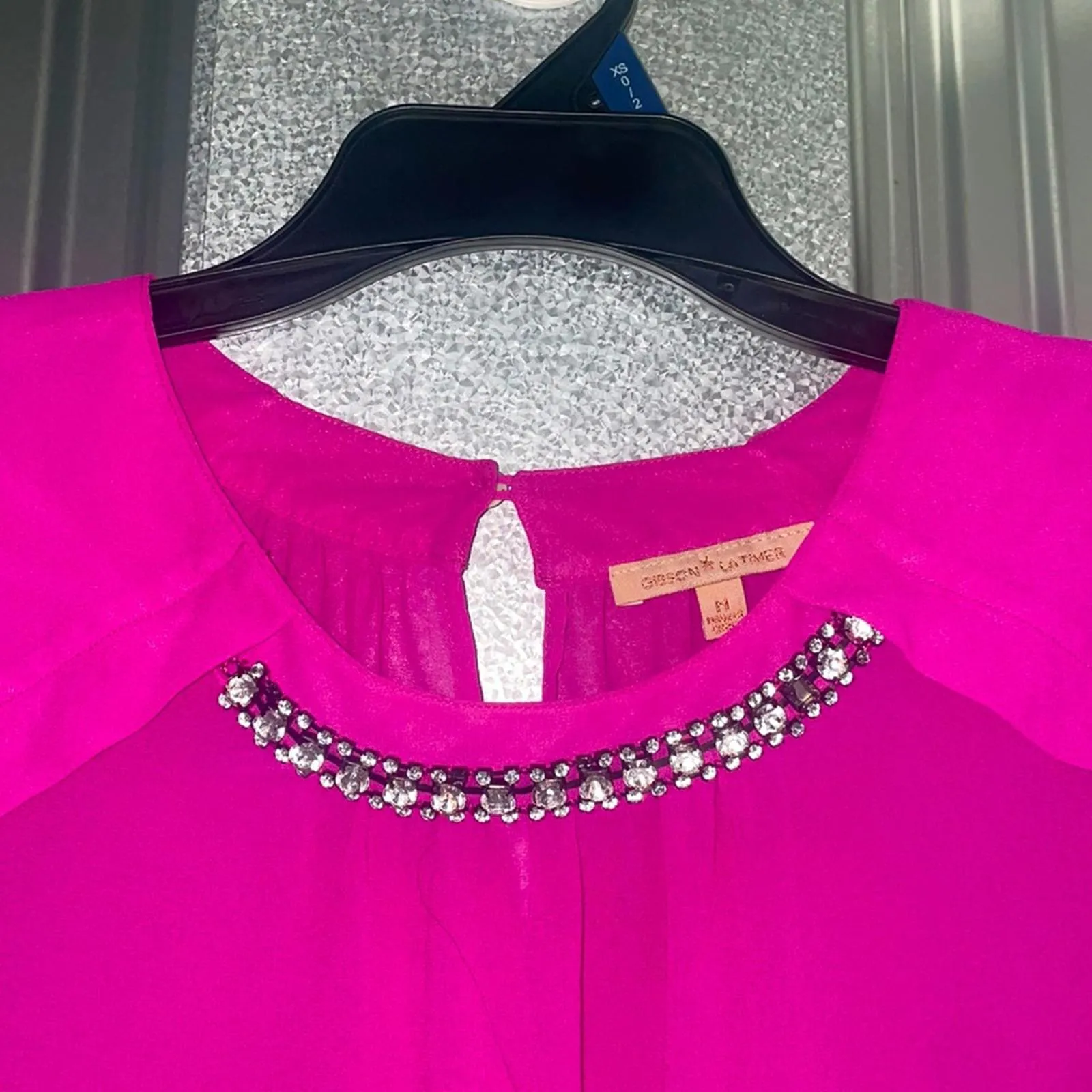 Gibson Latimer Magenta Pink Jewel Neckline Sheer Blouse Work Career - Image 2