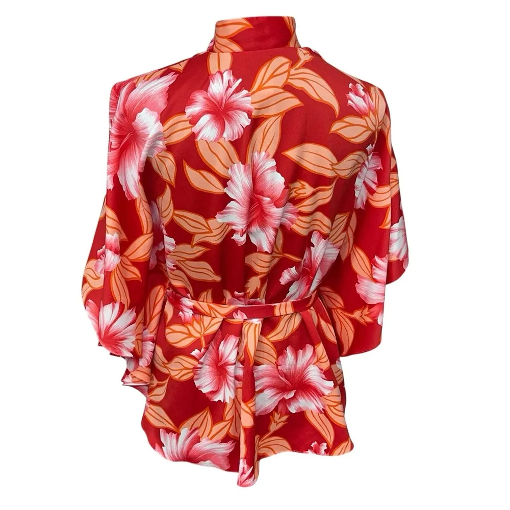Pomare Hawaii Vintage 60's Women's Belted Batwing Sleeve Caftan Style Floral Top Orange - Image 5