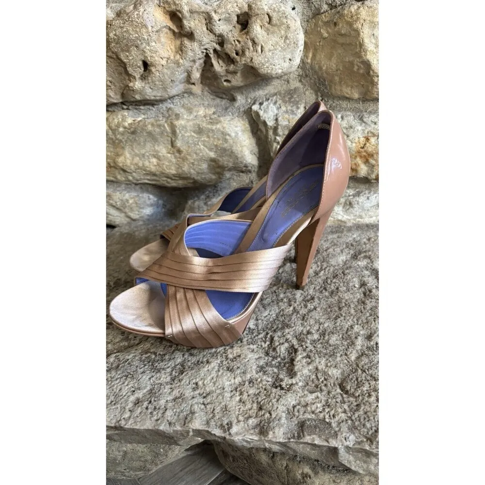 SERGIO ROSSI Gold Leather Satin Peep Toe Platform Stiletto Pumps High 38 Or 7.5 - Image 3