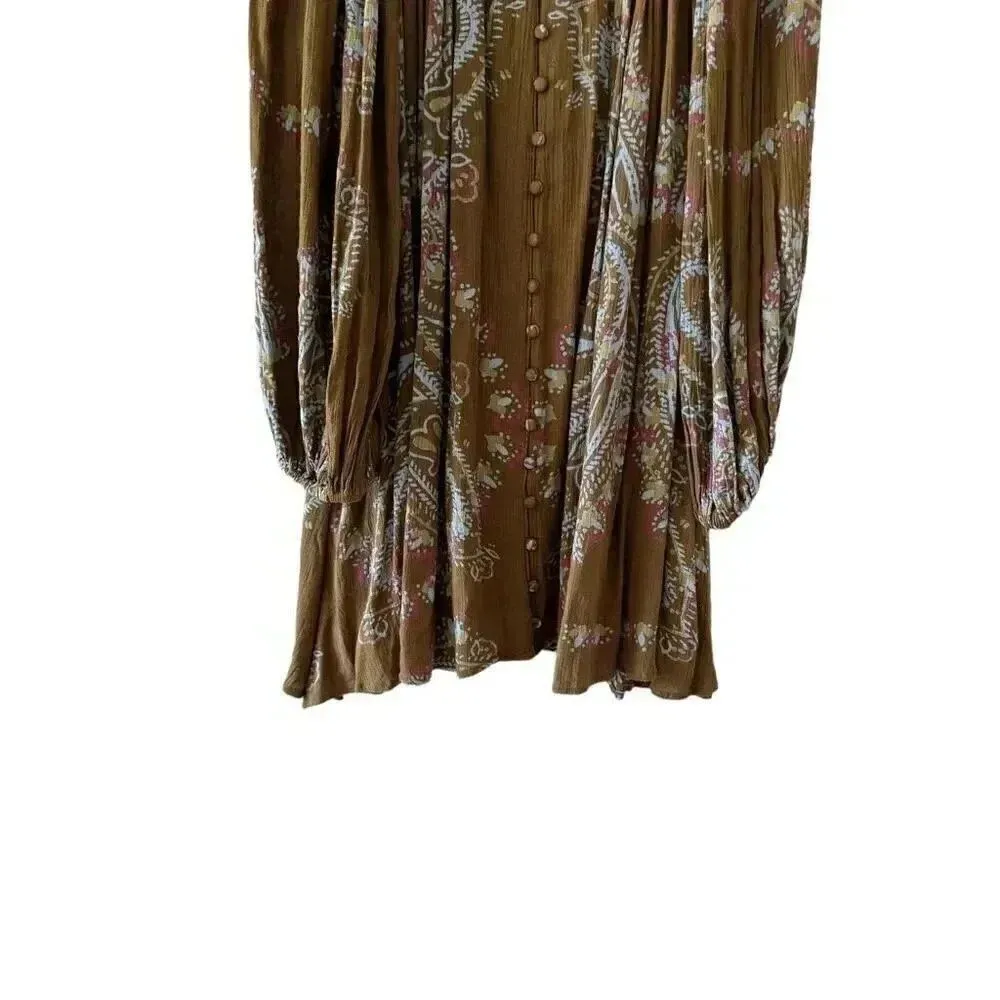 Free People  Brown green hippie babydoll peasant dress balloon sleeves S #1993 - Image 3