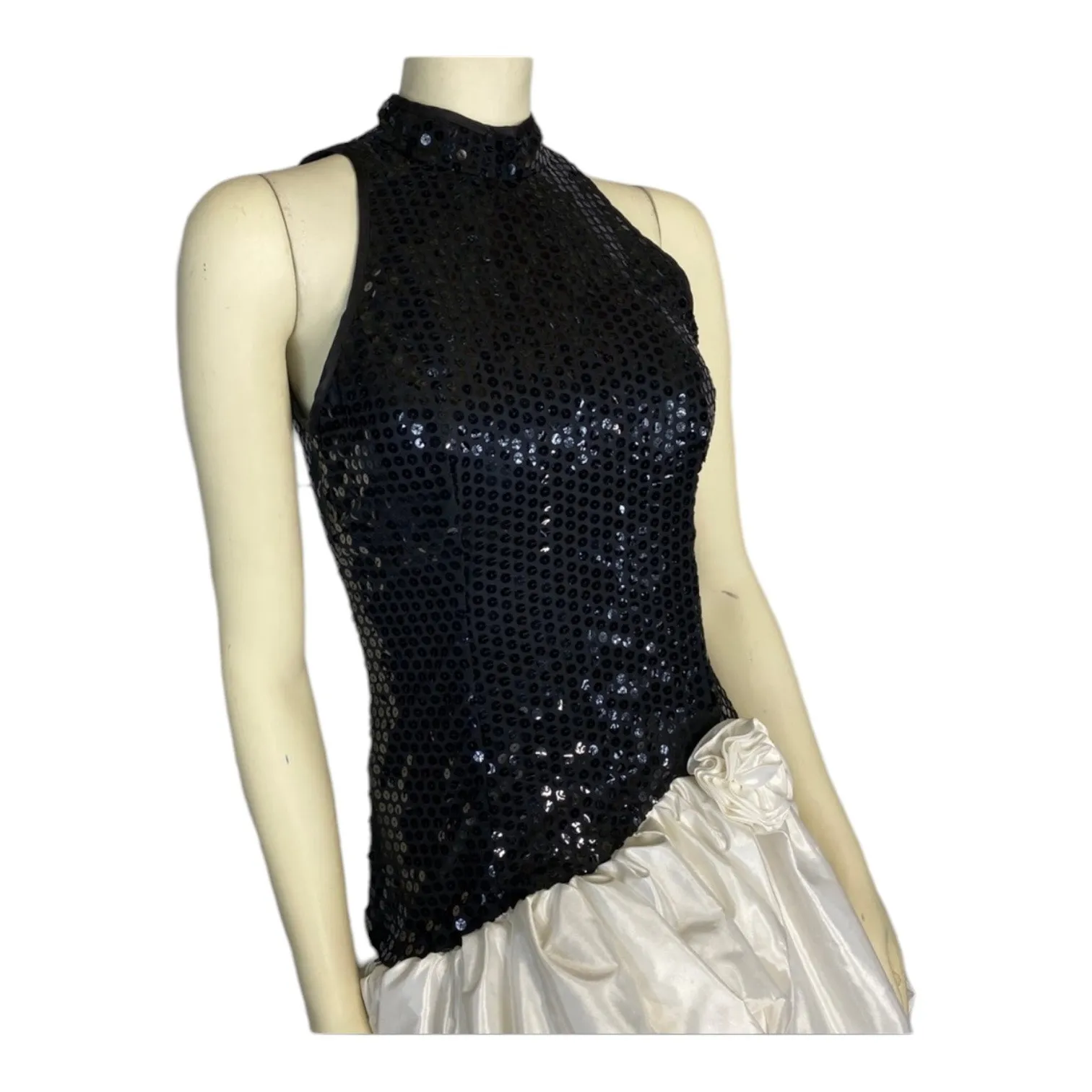 80s Dave & Johnny Sequin Halter Bubble Hem Open back Dress Black & White Medium - Image 4