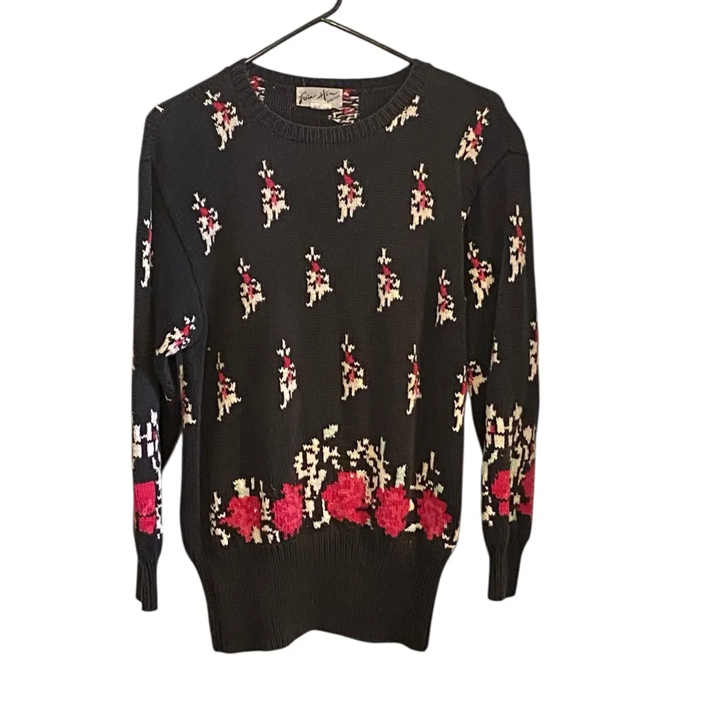 Vintage Handmade 90s Abstract Floral Navy Blue Pink White Sweater Cottagecore Size M - Image 3