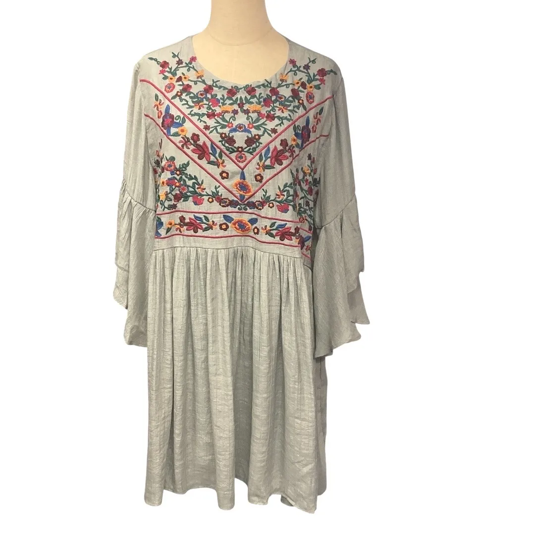 Umgee Bell Sleeve Floral Embroidered Lined Pleated Skirt Mini Dress Size 2XL NWT - Image 2