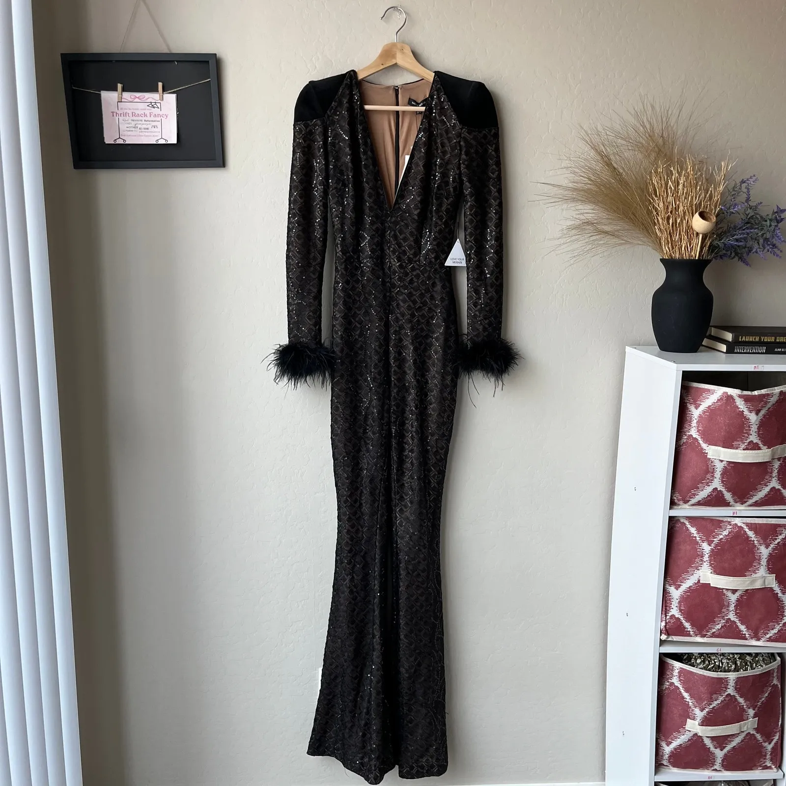 Nadine Merabi Rachel Black Lace Feather Trim Plunge V - Image 3