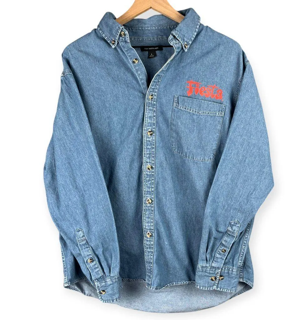 Port Authority Fiesta Graphic Denim Button Up Shirt Size L Long Sleeve Cowboy - Image 3