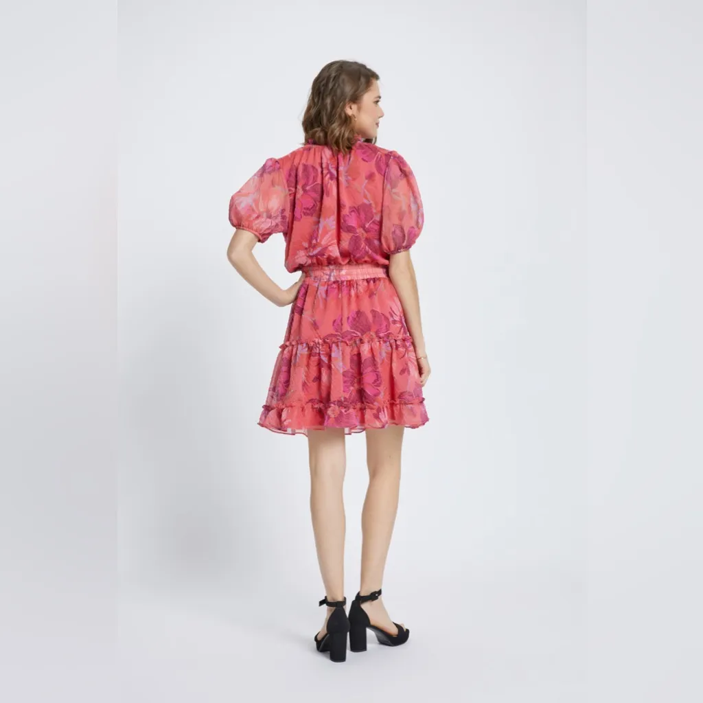 Meet‎ me in Santorini big red floral smocked waist dress pink size Large - Image 2