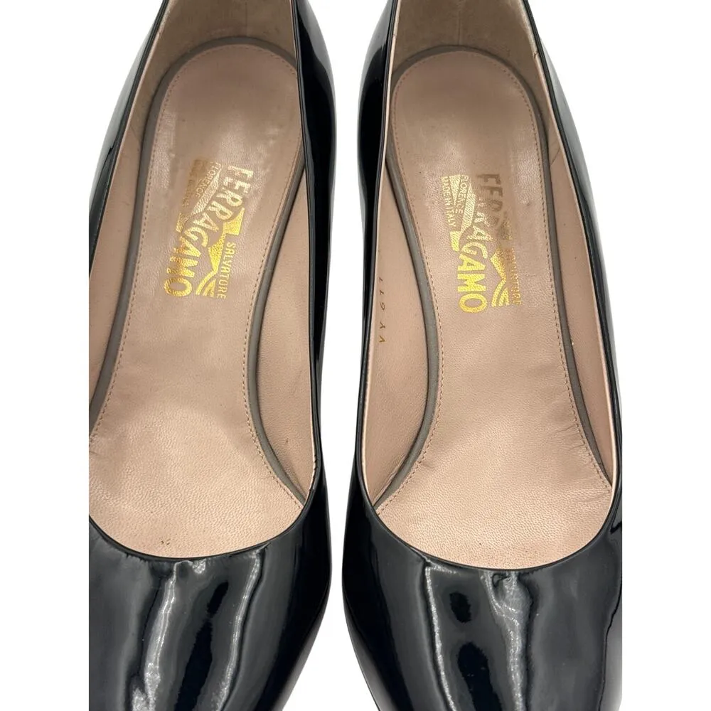 Women’s Ferragamo Shiny Black High Heels Sz 10 1/2B - Image 2