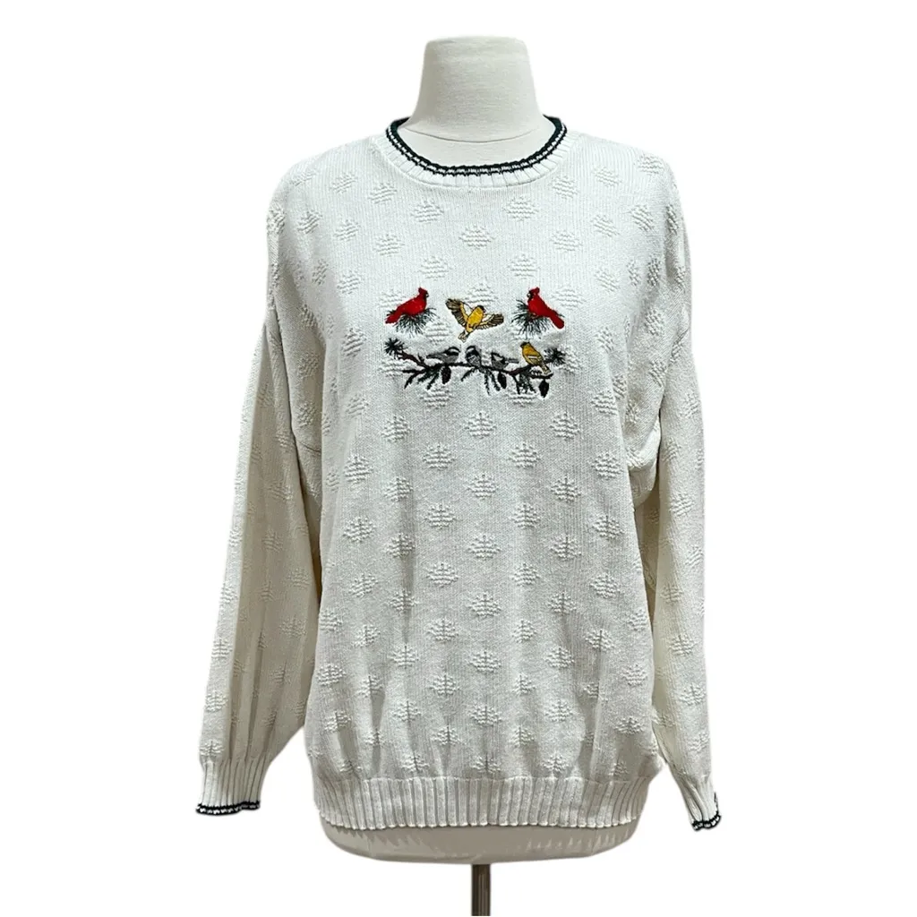 Vintage Gander Mountain Embroidered Birds Ivory Sweater Size Large - Image 4