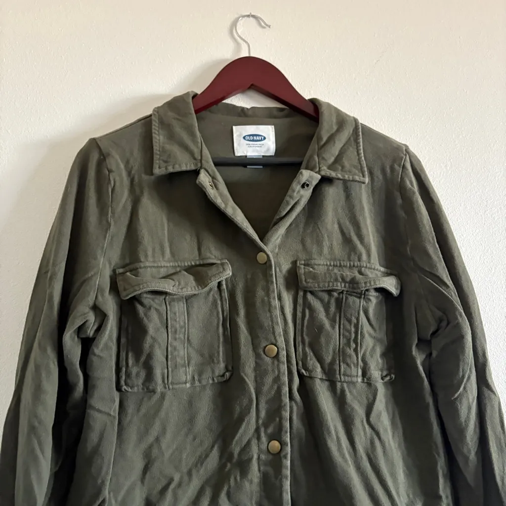 Old Navy Bomber Button Up Sweater 100% Cotton Size Large Cropped Jacket Green - Image 4