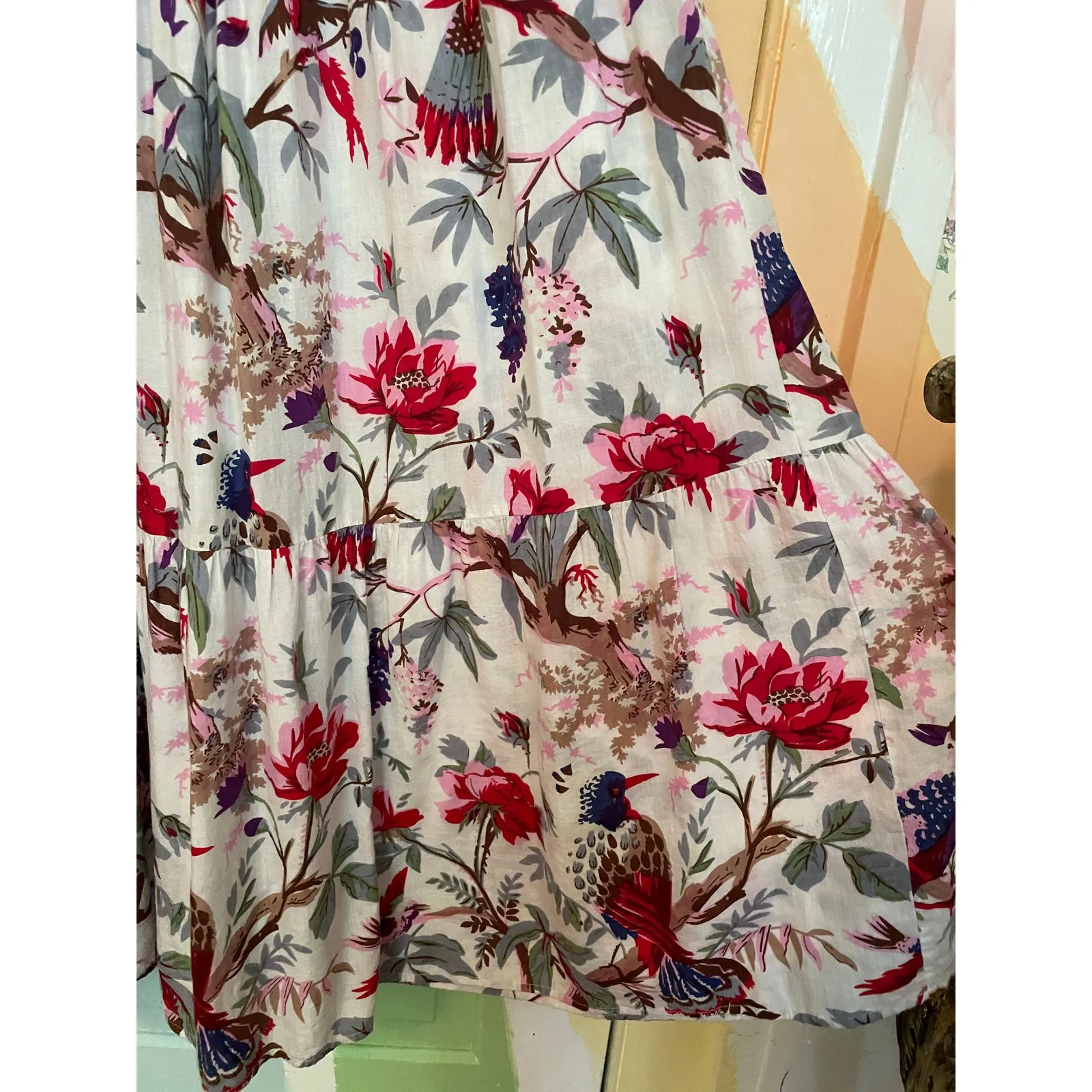 Guadalupe Women’s Maxi Dress Floral Bird Print Cotton Boho Peasant Off Shoulder White Size undefined - Image 5