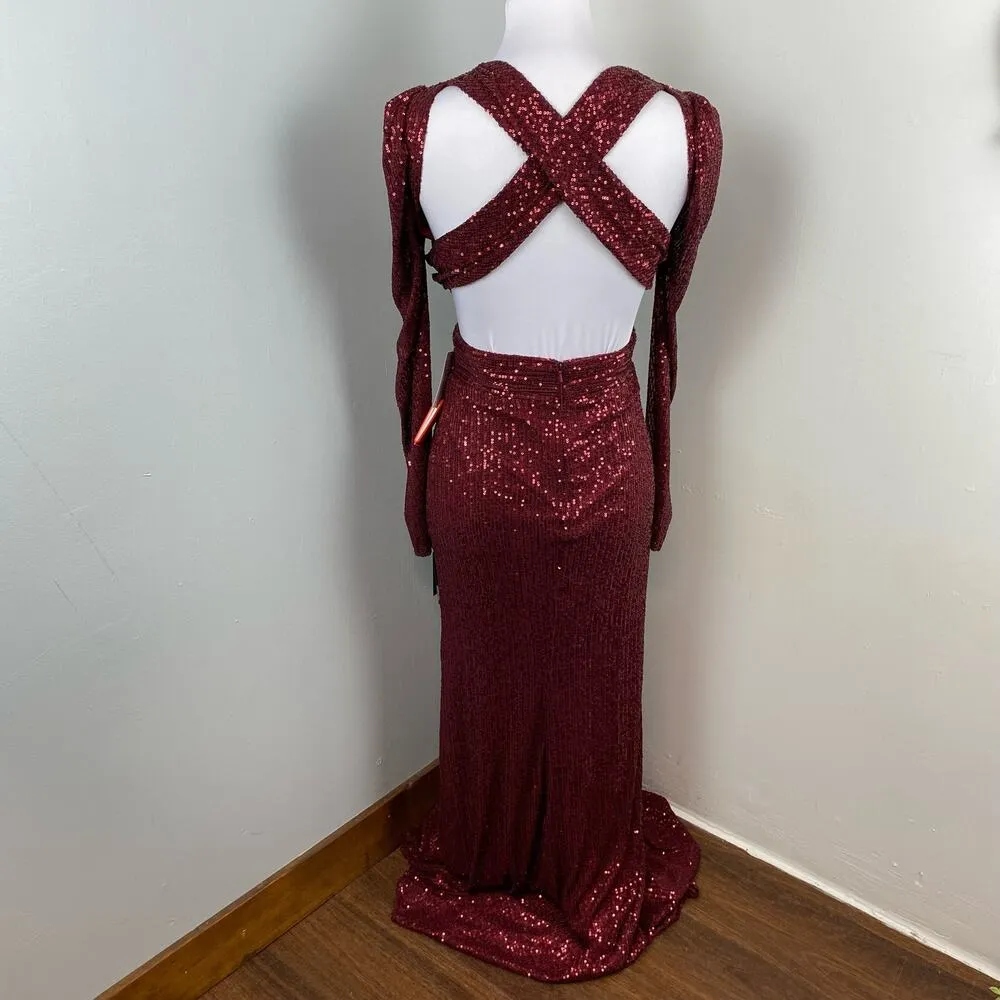 Mac Duggal Wine Sequined Criss Cross Cutout Long Sleeve Gown Size 0 $498 26739 - Image 9