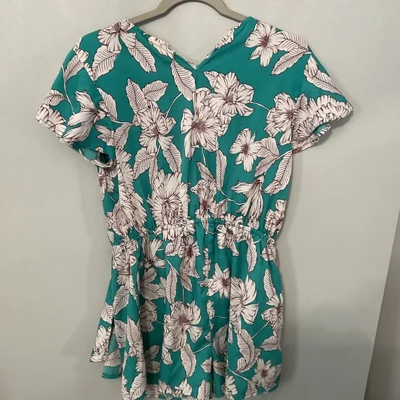 Japna Teal Floral V Neck Elastic Waist Short Sleeve Romper Jumpsuit M - Image 2