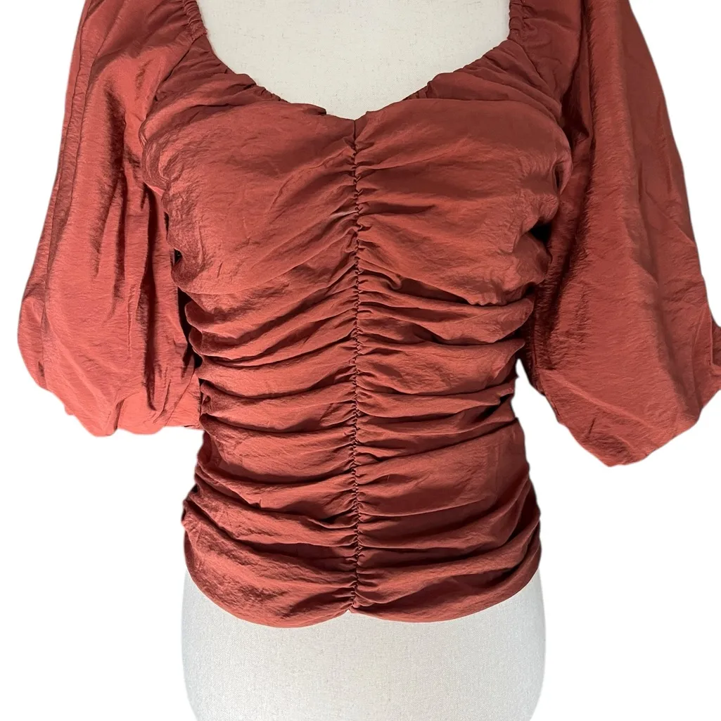 GAP Chocolate Sweetheart Neckline smocked Puffy Sleeve Fitted Blouse - Image 4