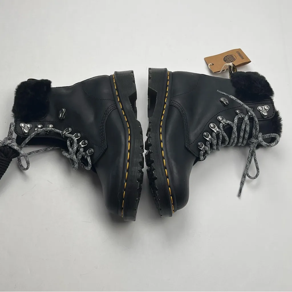 Dr. Martens 1460 Serena Collar Combat Boot Black Leather Faux Fur Trim SZ‎ 5 NEW - Image 12