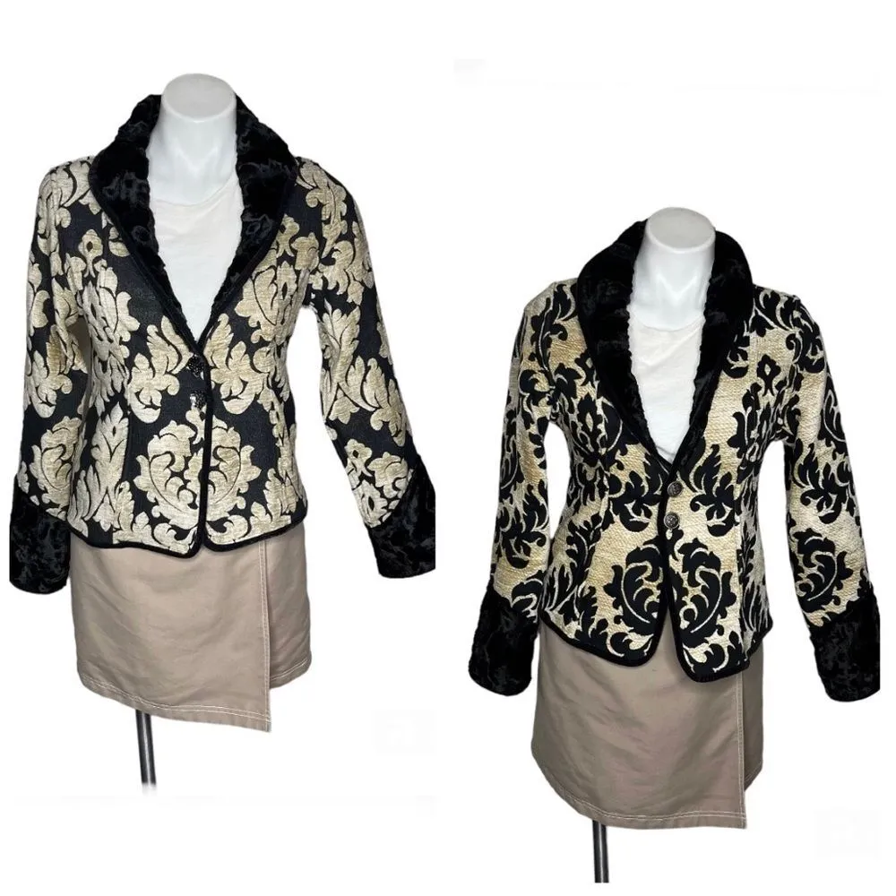 TAPESTRY Jacket Blazer Reversible Black Beige Plush Collar Cuffs 2 Buttons - Image 11