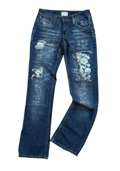TAVERNITI SO JEANS Women's PEGGY Bootcut FLORAL Embroidered Distressed Size 28 Blue - Image 1