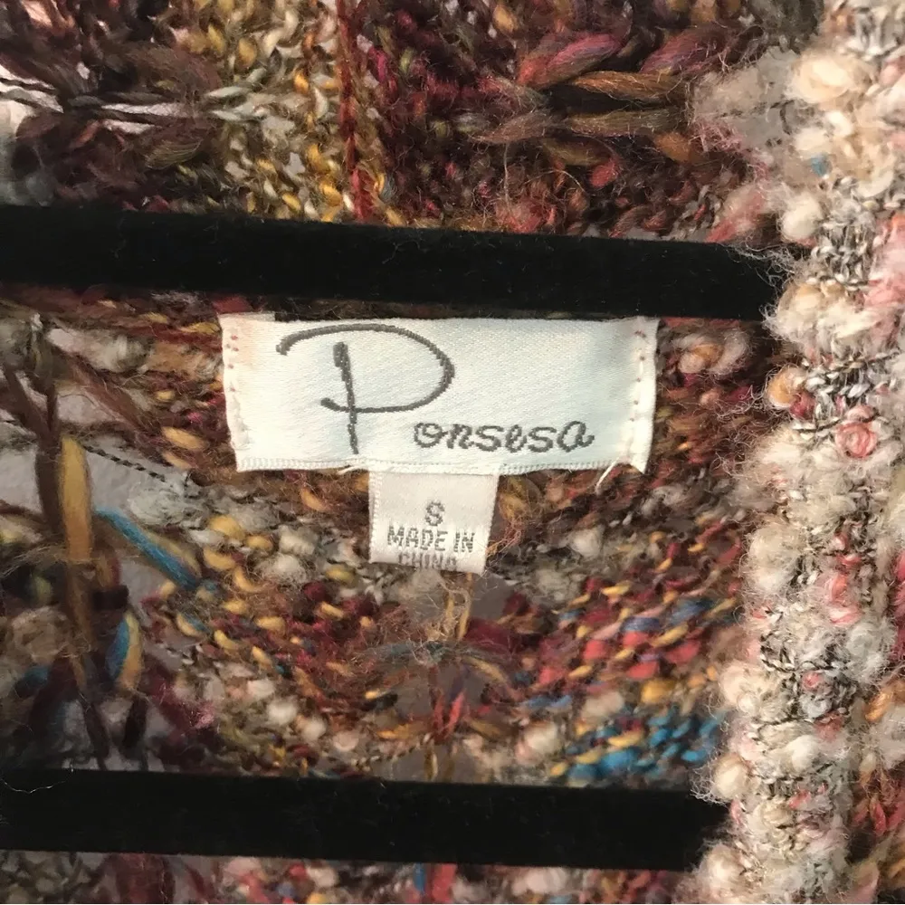 Ponsesa Multicolor Open Front Cardigan Chevron Rainbow Chunky Knit Bohemian - Image 3