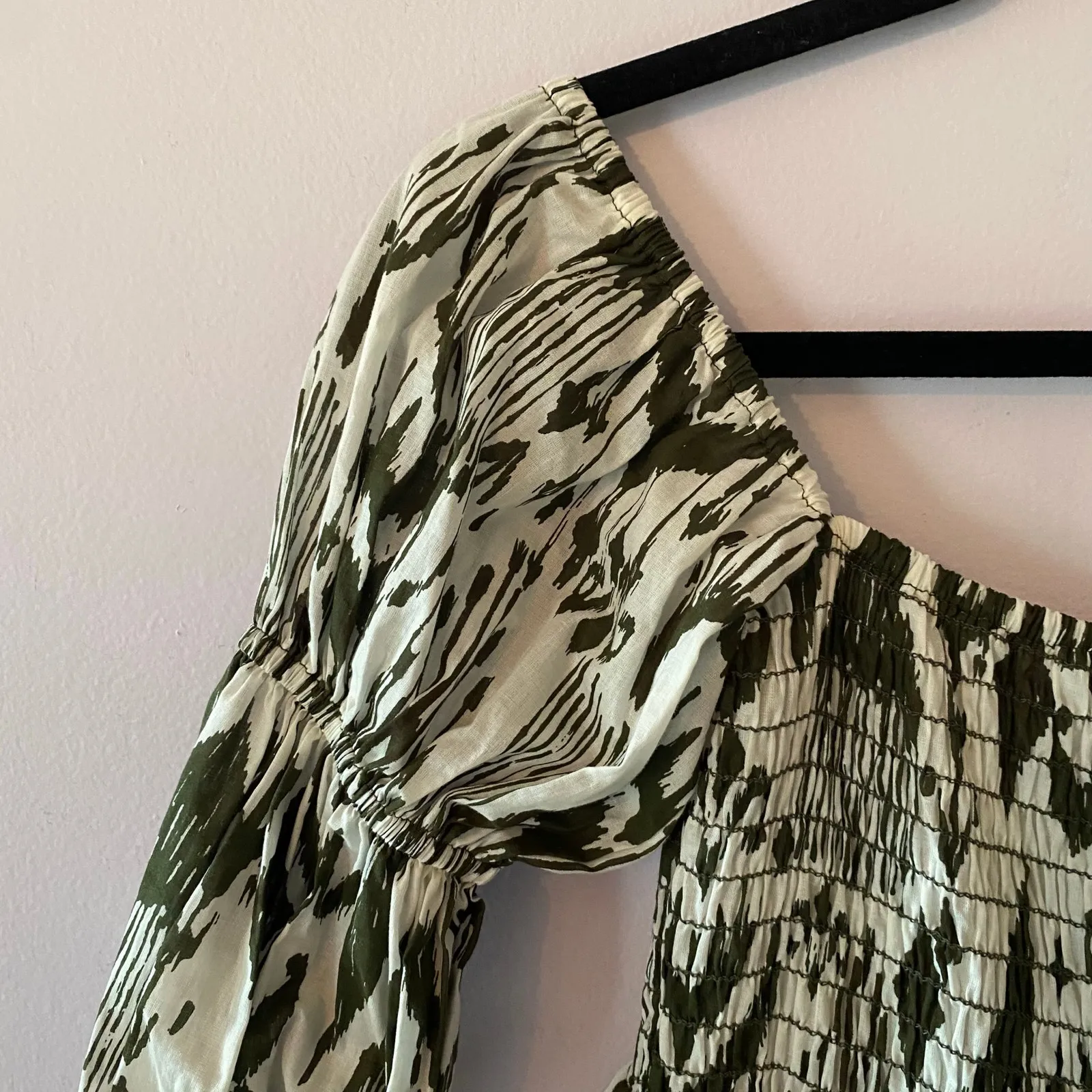 MISA Los Angeles Green White Smocked Puff Sleeve Mini Dress Cotton Women size XS - Image 4