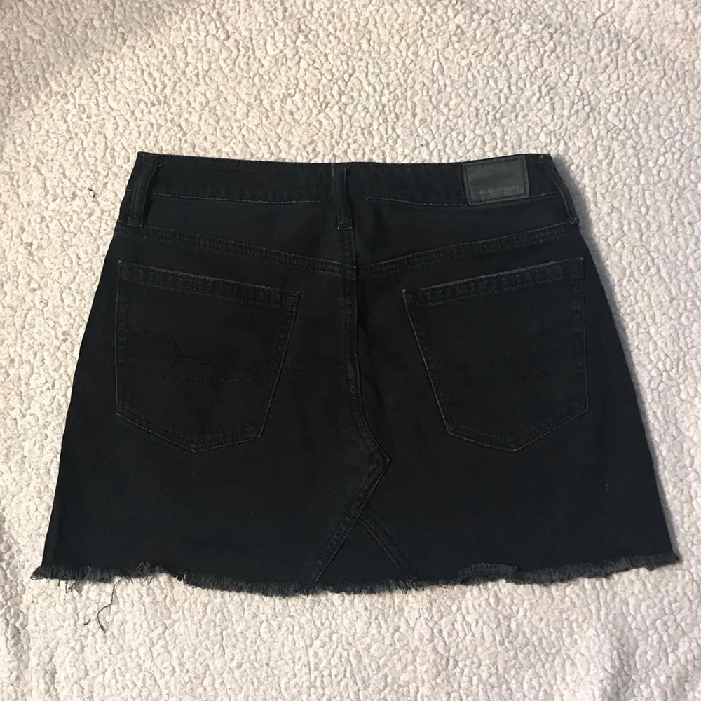 American Eagle AE High Waist Festival Black Denim Distressed Raw Hem Skirt - Image 4