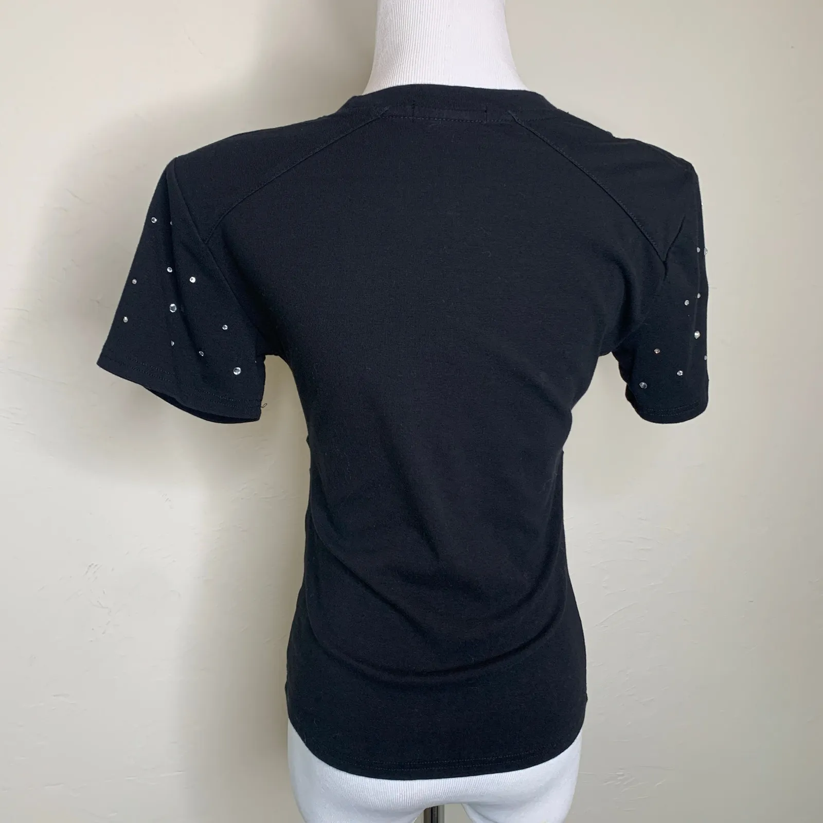 Balboa Black Rhinestone Fitted Ruched T shirt Sz Medium - Image 3