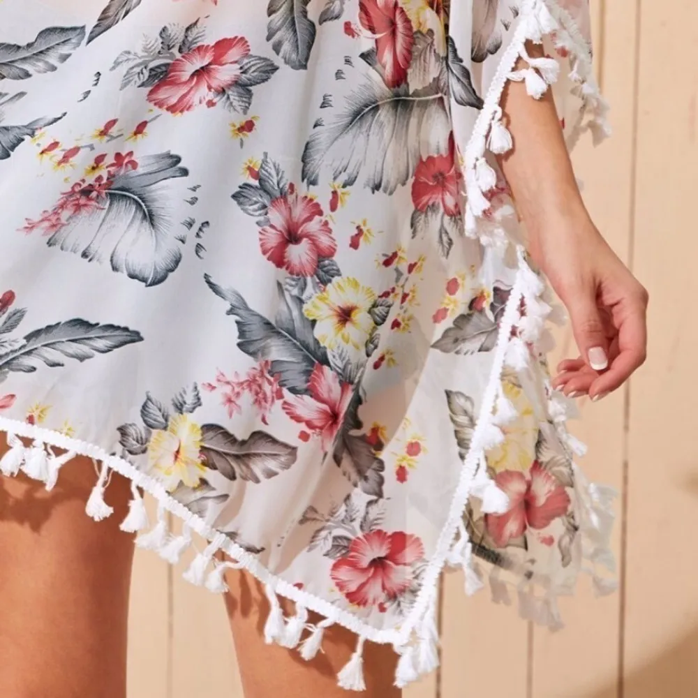 SHEIN sheer floral print tassel hem kimono XS - Image 6