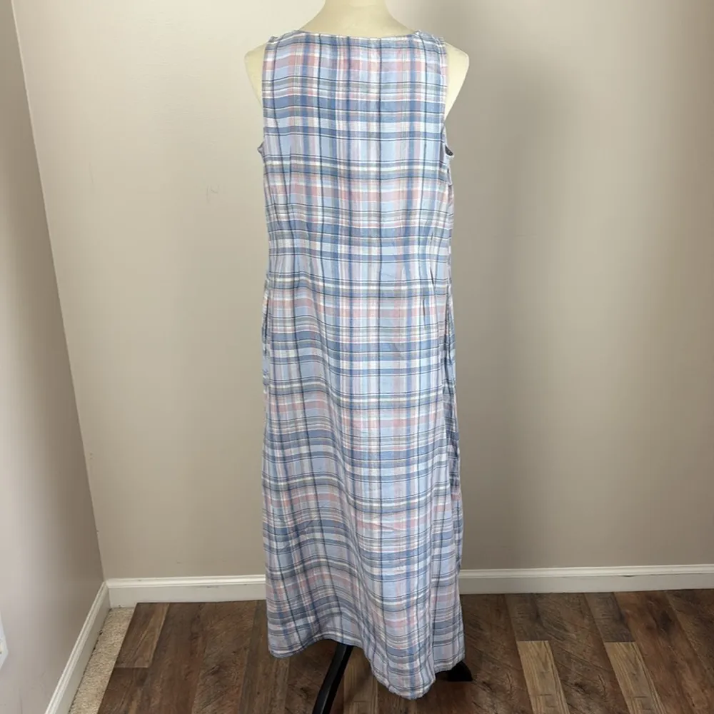 J Jill The Madras Maxi Dress 100% Linen Sleeveless Relaxed Fit Pockets Blue Sz M Size M - Image 9