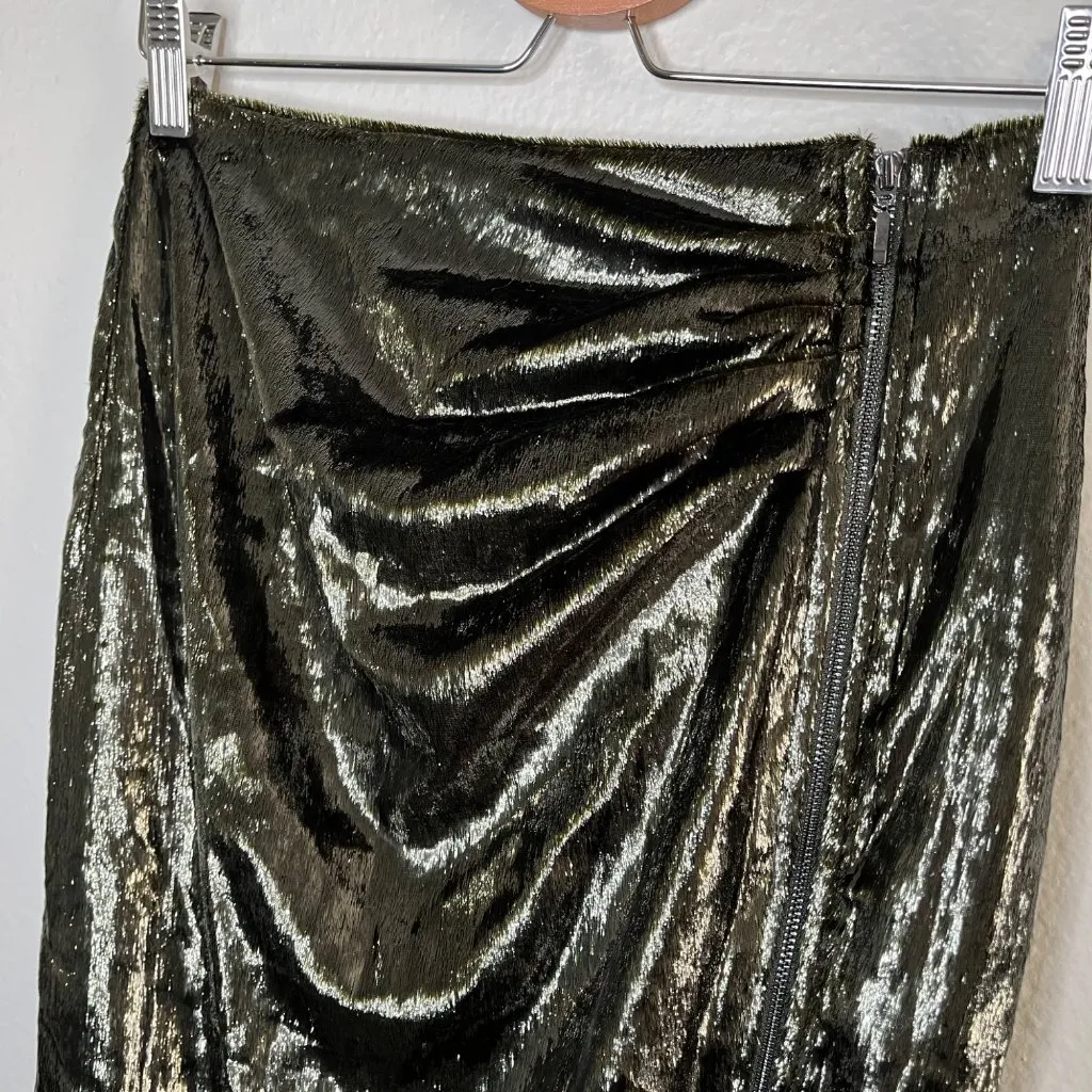 Reiss Leena Metallic Olive Tensile Mini Side Zip Holiday Skirt Size 4 - Image 2