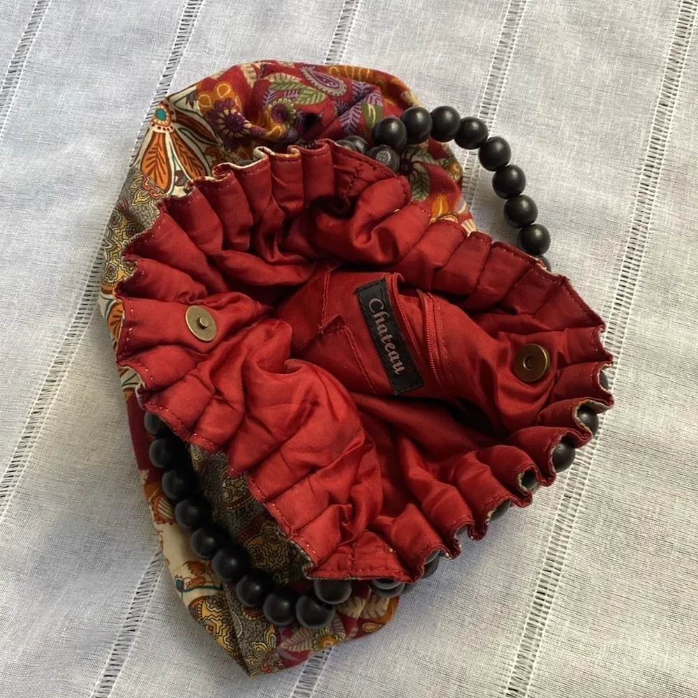 Chateau bohemian cloth shoulder bag with wooden beaded handle. - Image 7