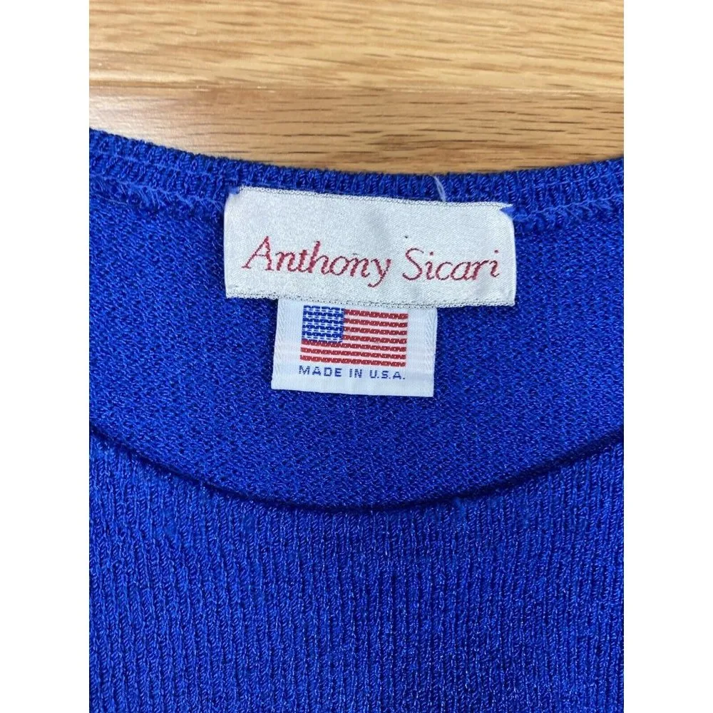 Vintage Anthony Sicari Poinsettia Floral Knit Sweater Womens Med Blue Red Scarf - Image 5