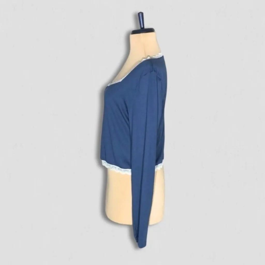 Forever 21 Long Sleeve T-Shirt Lace Trim Bow Detailed Square Neckline Blue sz M - Image 4