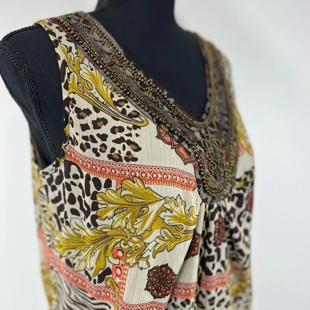 Zac & Rachel Abstract Animal Print Beaded Neck Blouse Sz S Women’s Brown - Image 2