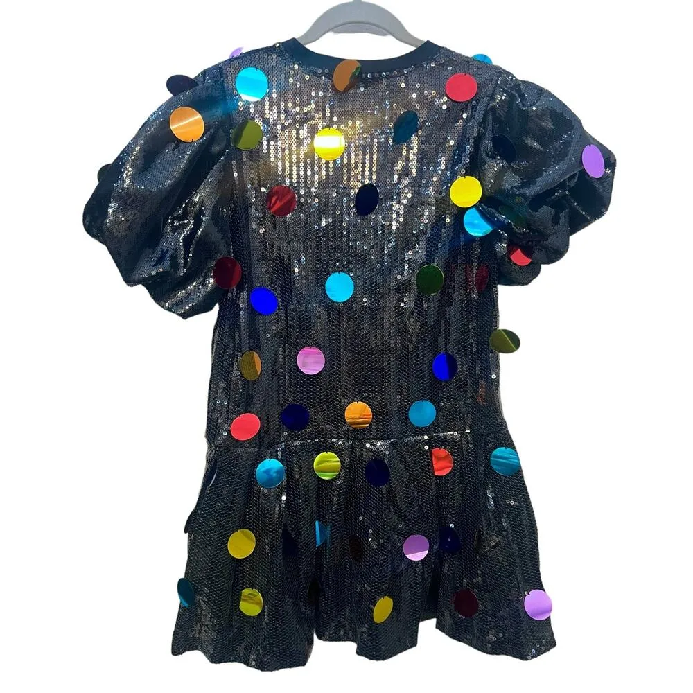 Queen of Sparkles black sequin puff sleeve rainbow paillette dress Size M - Image 6