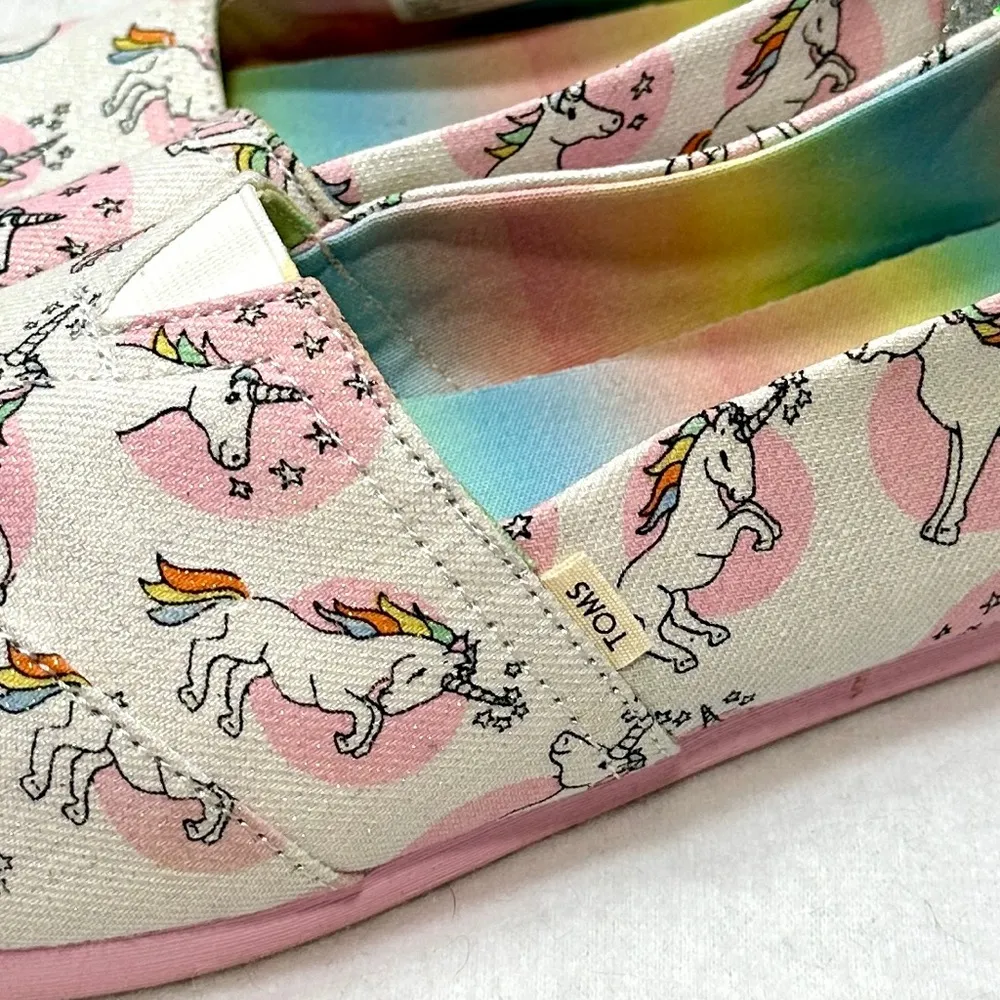 Toms Slip On Shoes 8 Unicorns Rainbows Pink Print Pastel Silver Shimmer Women - Image 2