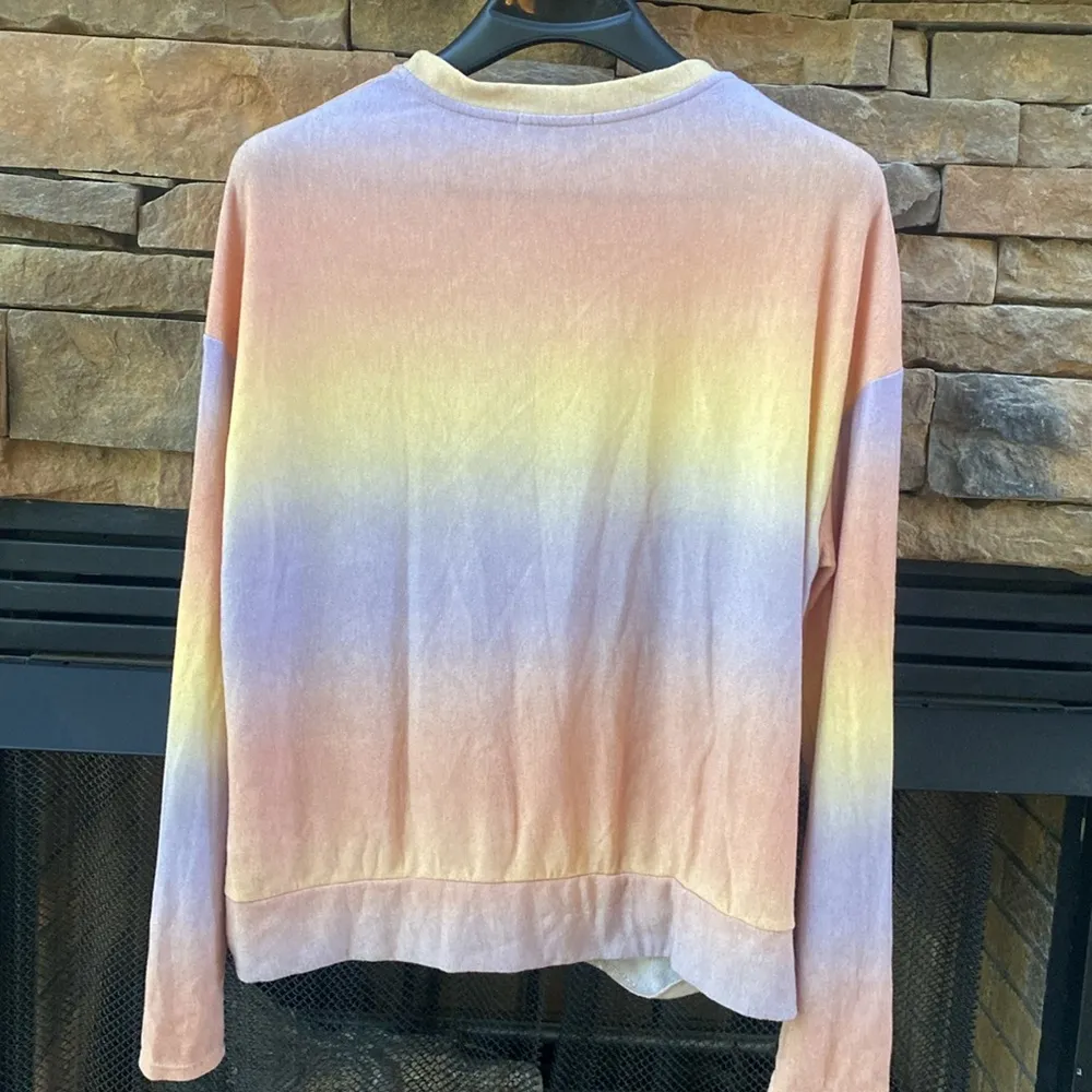 tie dye twist tuck waist crew neck top size XL purple yellow peach fall - Image 2