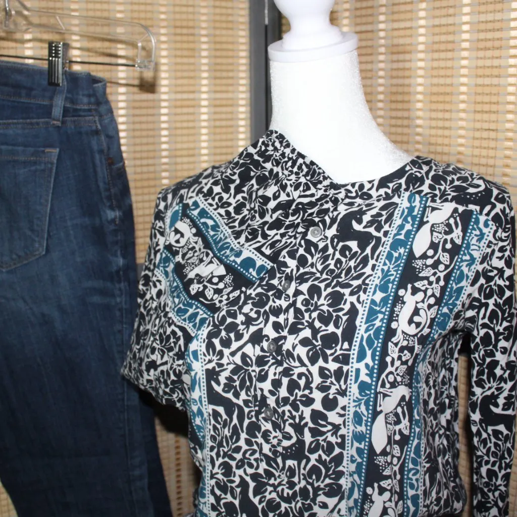 LOFT Navy White & Teal Blouse with Woodland Creatures and Unicorn Motif - Image 8