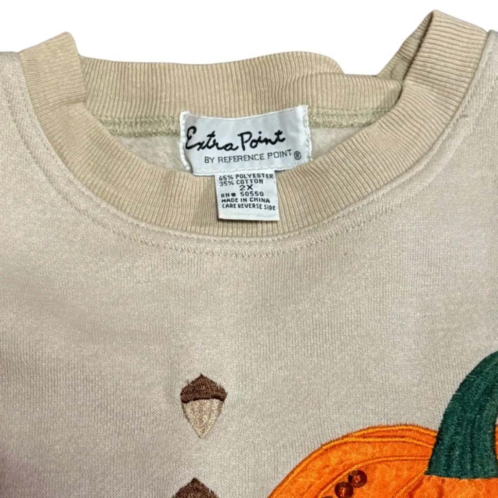 Vintage Fall Crewneck Sweatshirt Embroidered Beaded Pumpkins Women's Size XXL Tan - Image 3