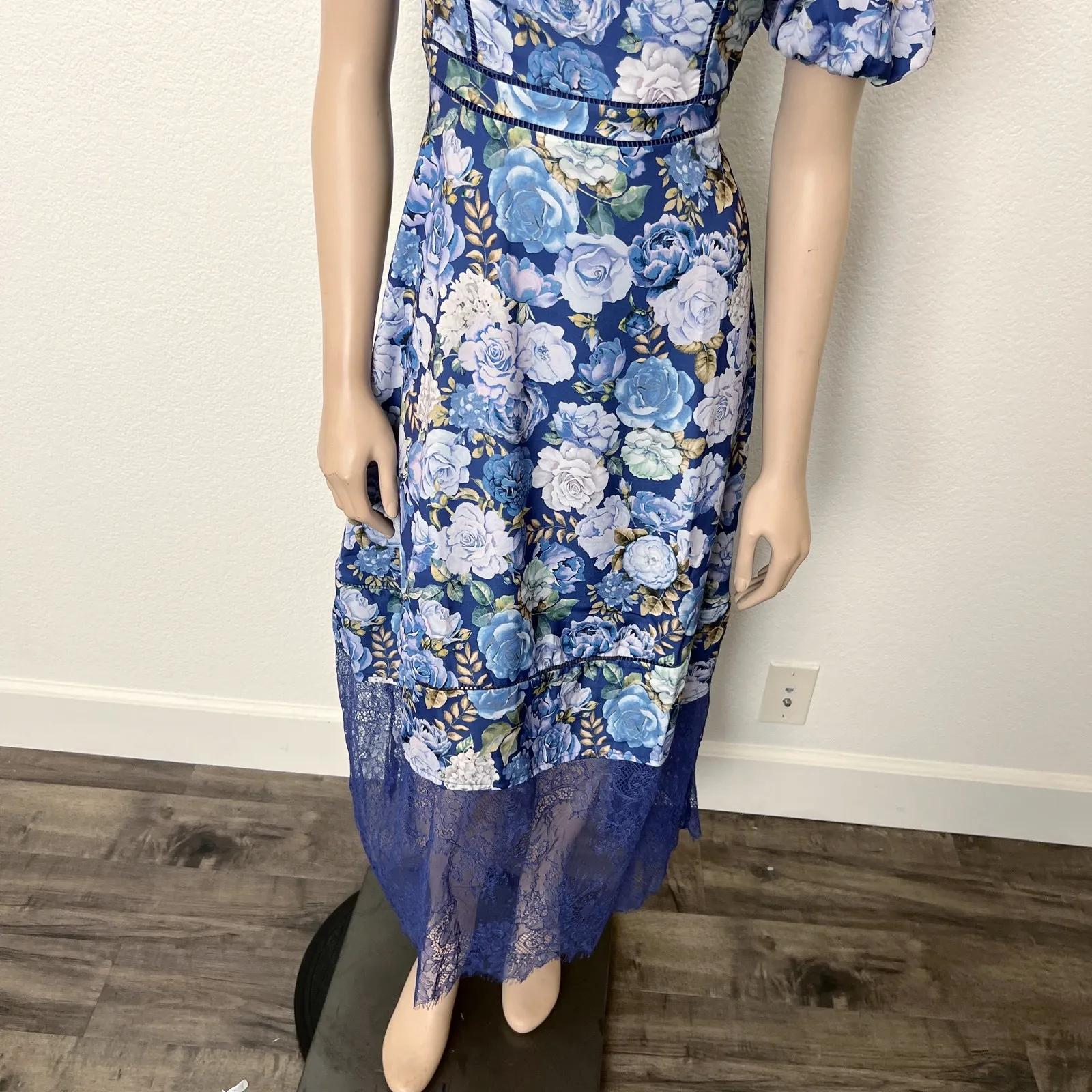 [Rachel Parcell] Blue Floral Puff Sleeve Lace Trim Spring Midi Dress NWT Size 8 - Image 10