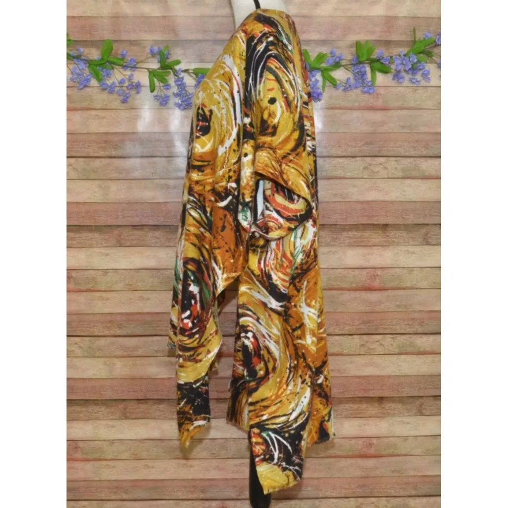Womens Yellow Boho Floral Open Front Caftan Poncho Cardigan One Size Art to Wear - Image 5