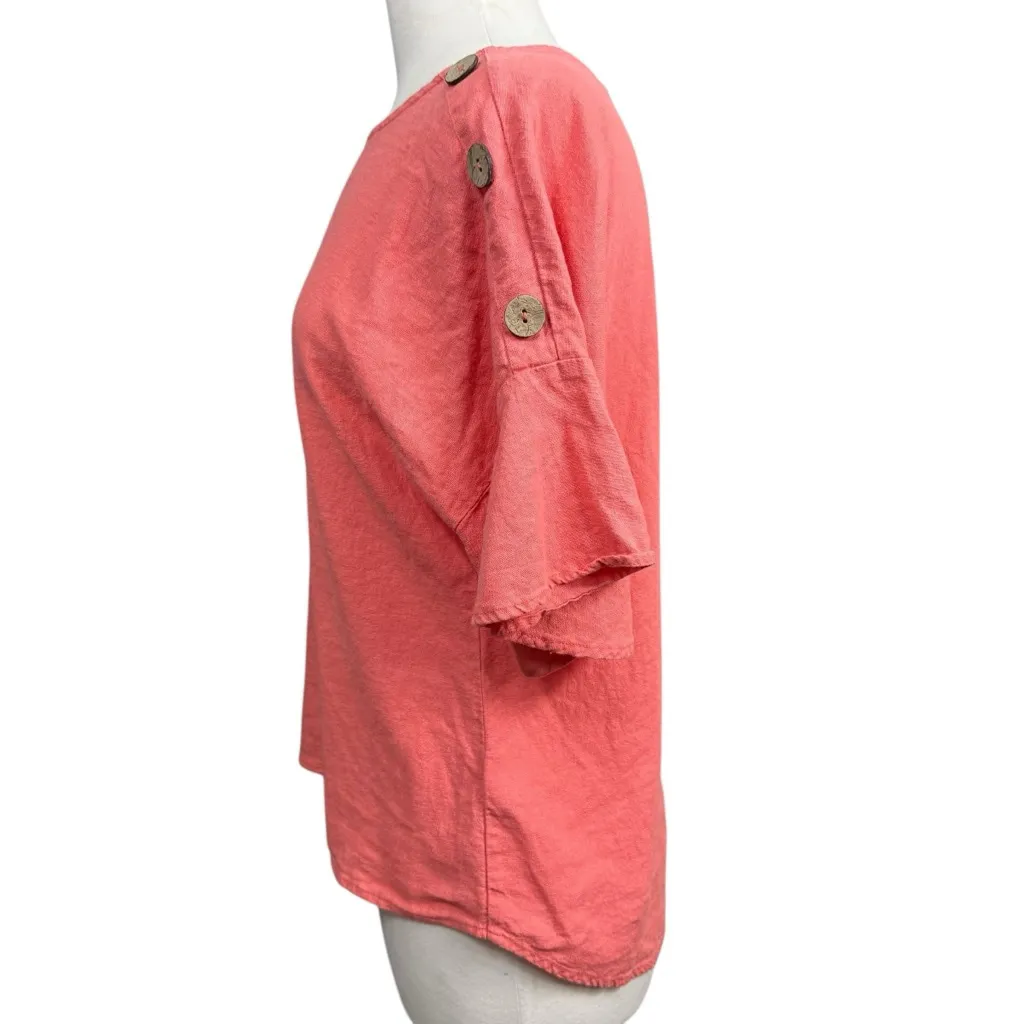 Ellen Tracy Coral Linen Blend Button Shoulder Top Women’s Size M - Image 7