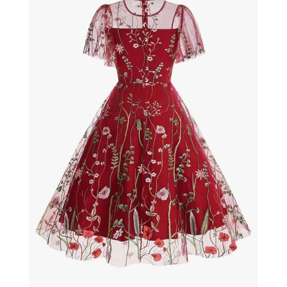 NEW Red Floral Embroidery Sheer Illusion Vintage Cocktail Swing Dress XL Red - Image 2