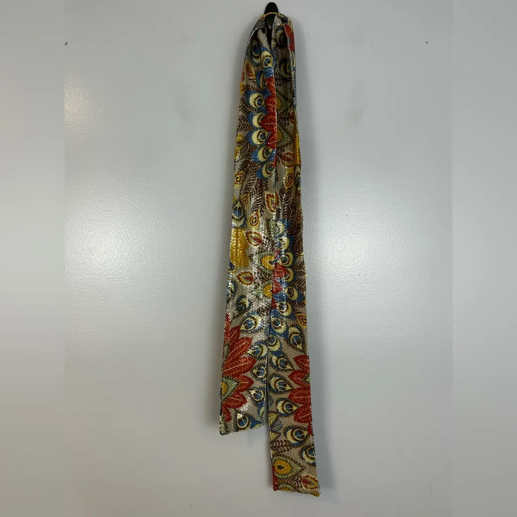 NWT Monique Leshman 100% Silk Colorful Sequin Peacock Belted Mini Dress Large Red - Image 9