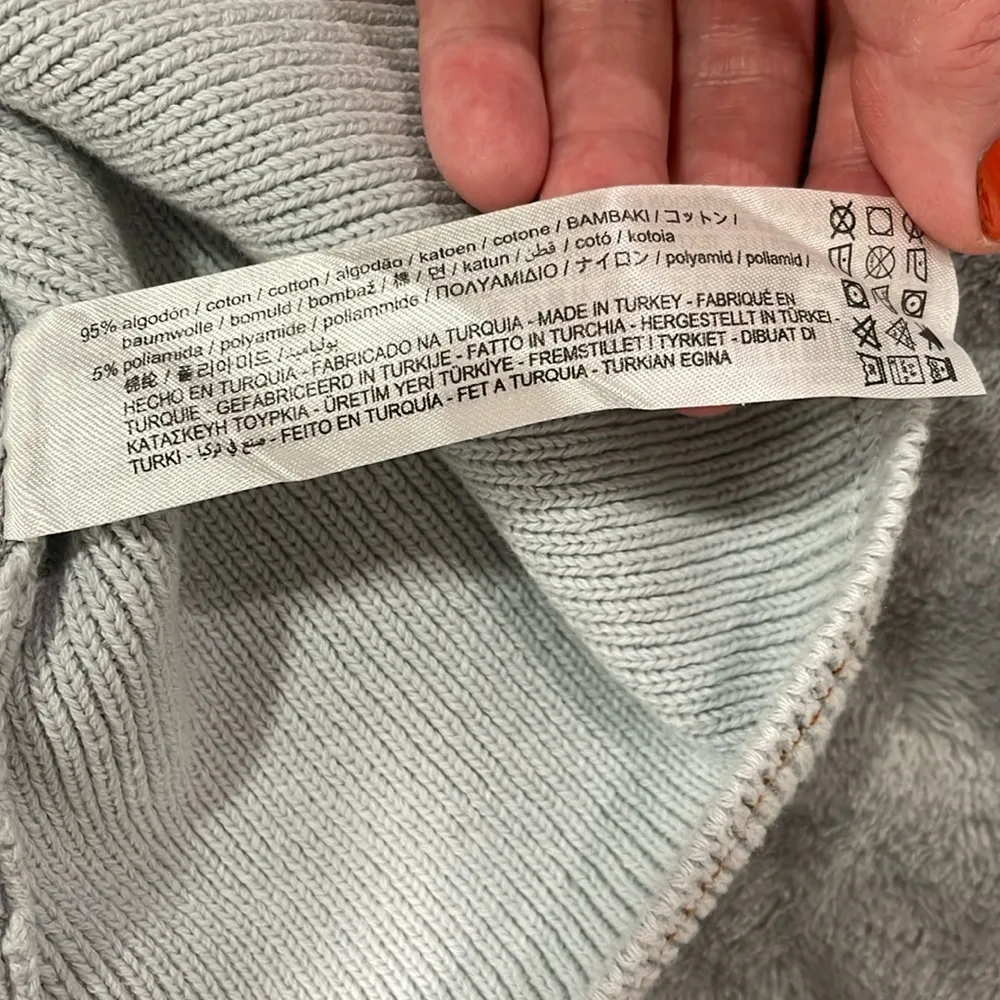 Crocheted bibbed overall sweater dress dusty blue with contrasting brown stitch - Image 10