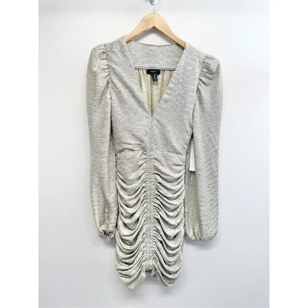 Aqua Metallic‎ Dress Size Small V Neck Crinkled Shimmer Ruched Long Sleeve NEW - Image 2